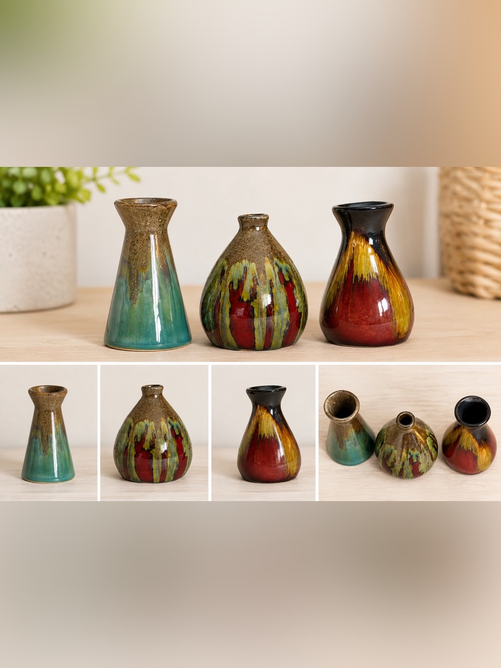 Set of 3 Boho Drip Glaze Ceramic Bud Vases Rustic Shelf Decor